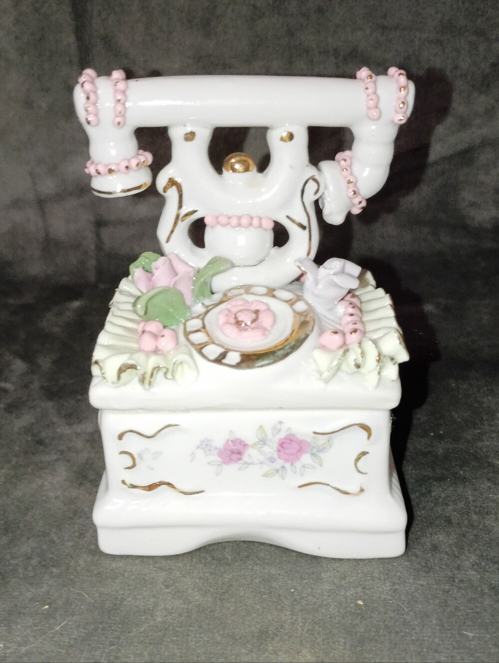 Vintage Porcelain Telephone Trinket Box Very Ornate With Applied Flowers 4x3 In